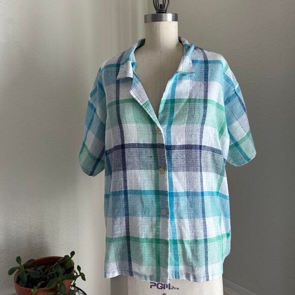 JbJ Sportswear Women’s 14 Top Plaid Linen Button Front Shirt Blue Green White - Picture 1 of 3